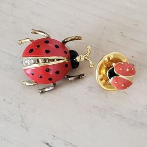 Vintage WELLS Gold Vermeil Sterling Enamel Crystal LADYBUG Pin Bundle